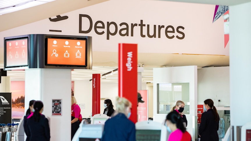 A sign reading 'Departures' above the check in hall at Perth Airport.