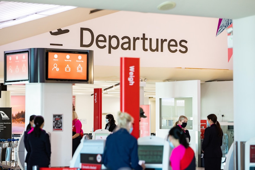 A sign reading 'Departures' above the check in hall at Perth Airport.