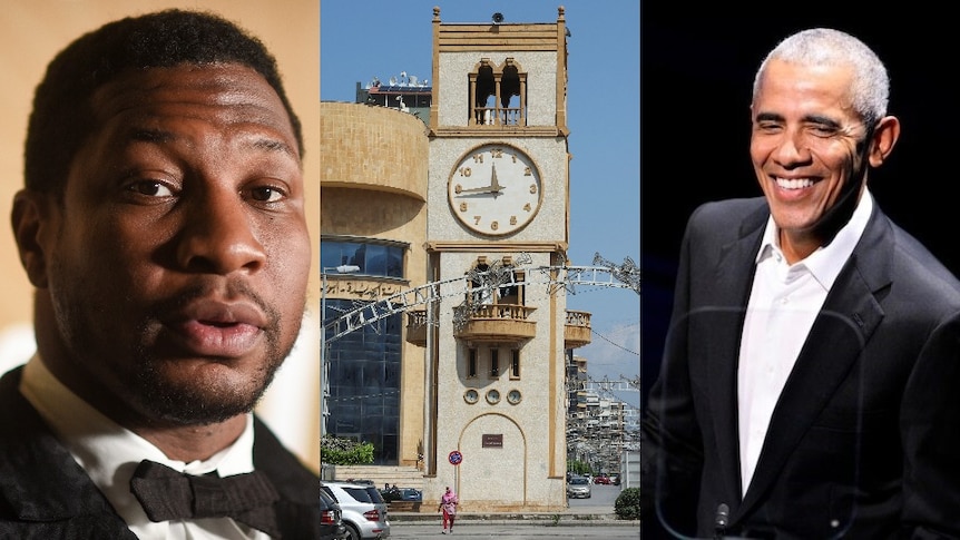 Composite of Jonathan Majors, a clock tower and and the Barack Obama.
