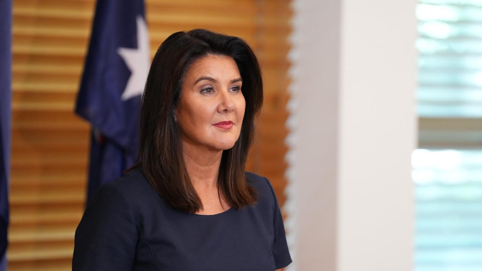 Angus Taylor e Jane Hume falam em entrevista coletiva.