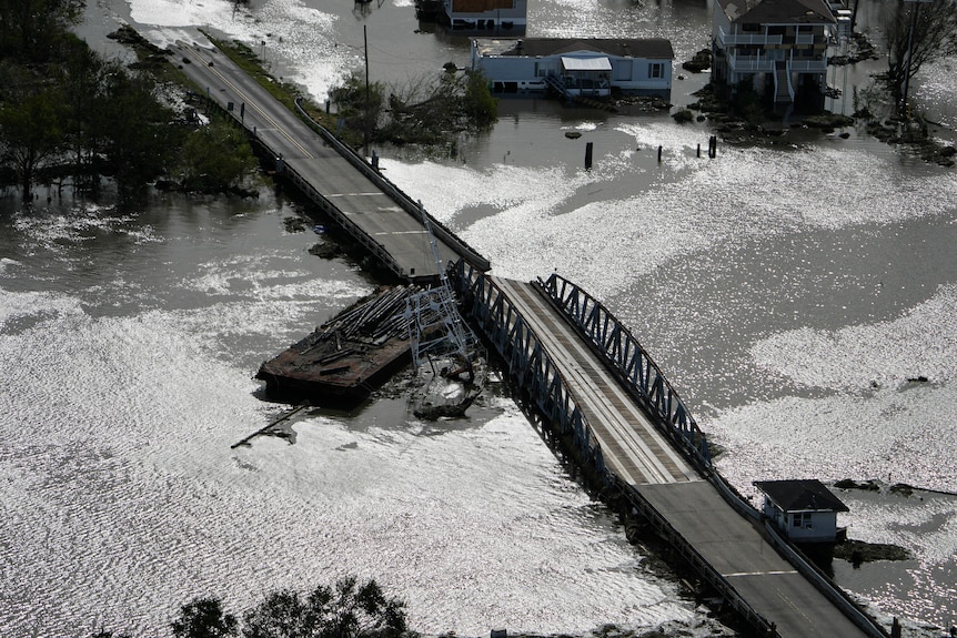 A heavily damaged bridge in the wake of Hurricane Ida