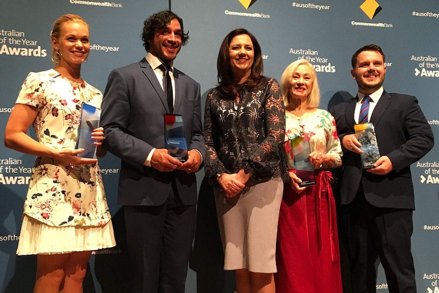 Award recipients, Philippa Russell, Johnathan Thurston, Dimity Dornan, Phillip Thompson with Premier Annastacia Palaszczuk