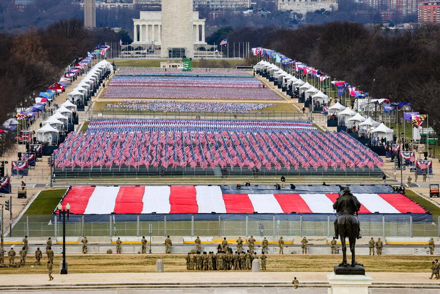 The National Mall in Washington covered in flags.