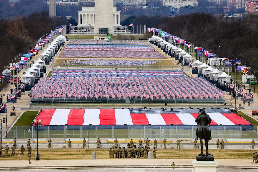 The National Mall in Washington covered in flags.