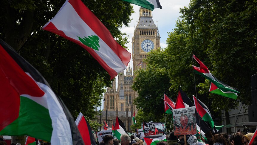 Protesters wave Palestinian flags in the centre of London, with the tower of Big Ben in the background.  