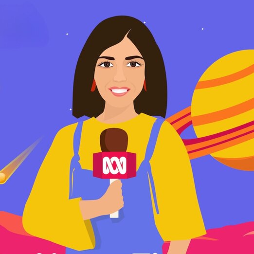 Cartoon woman holding a microphone with the ABC logo smiling in front of colourful background with Saturn