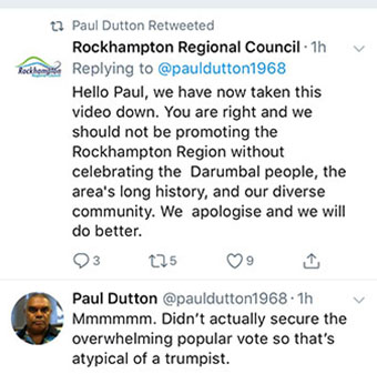 Apology on Twitter by Rockhampton Council to complaint by local Indigenous man Paul Dutton.