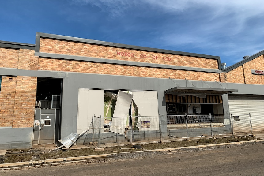 The front of the Norco icecream factory damaged.