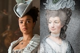 A still from the show compared to a portrait of Queen Charlotte where both women are in similar outfits with blue hats.