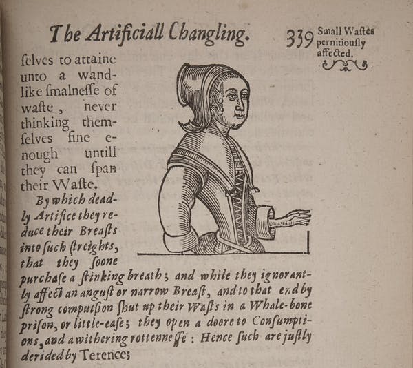 A page in Anthropometamorphosis (1653) with an illustration of a woman in a corset.