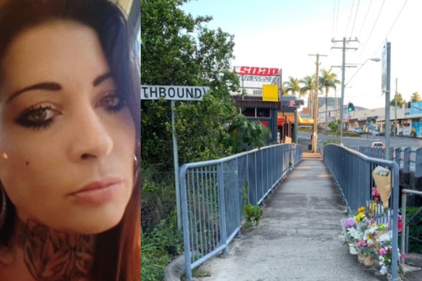 A split image showing a young woman on public transport and a footbridge with memorial flowers laid on it.