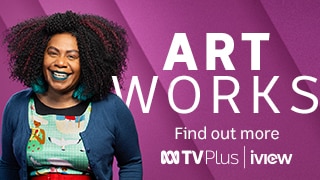 Arts broadcaster Namila Benson smiles, wearing blue lipstick, in front of Art Works logo