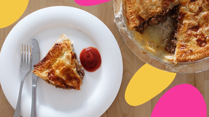 A slice of meat pie on a plate with tomato sauce, from a larger family beef pie.