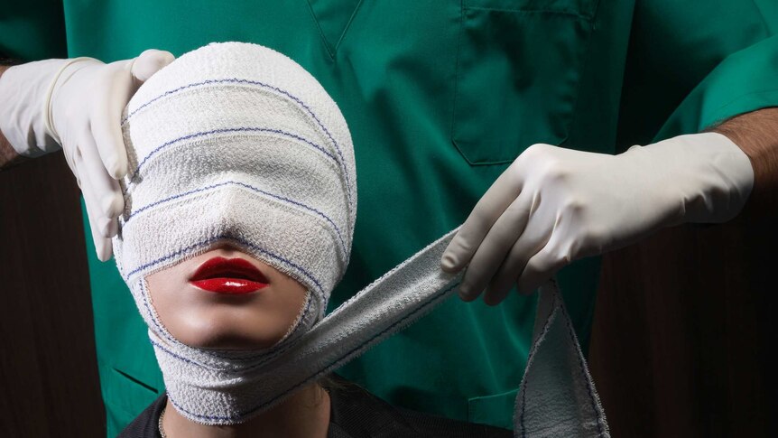 A stylised image of surgeon wrapping surgical bands on a woman's head