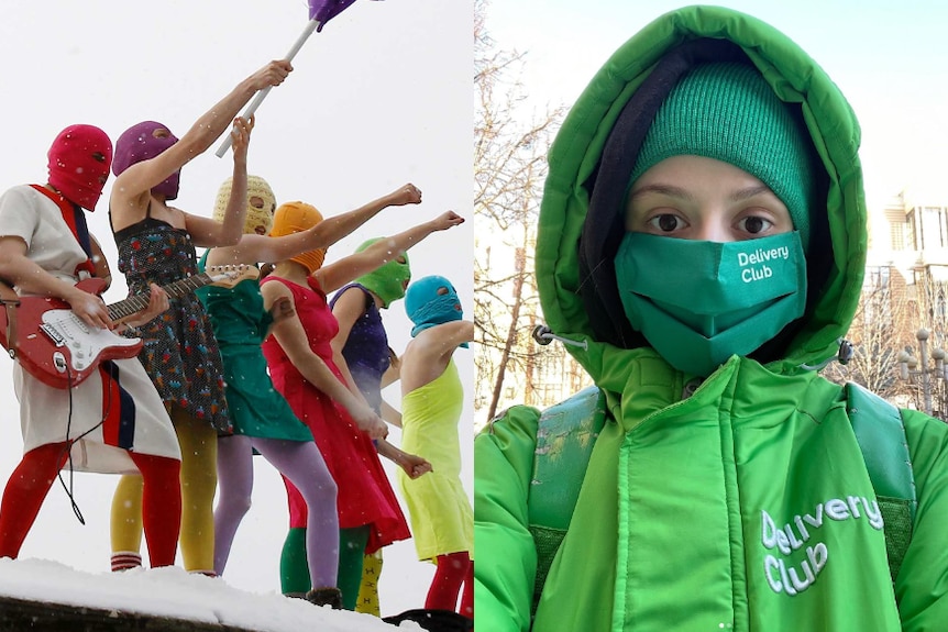 people in masks perform on top of a snow covered building, right image is a selfie of person in delivery driver uniform