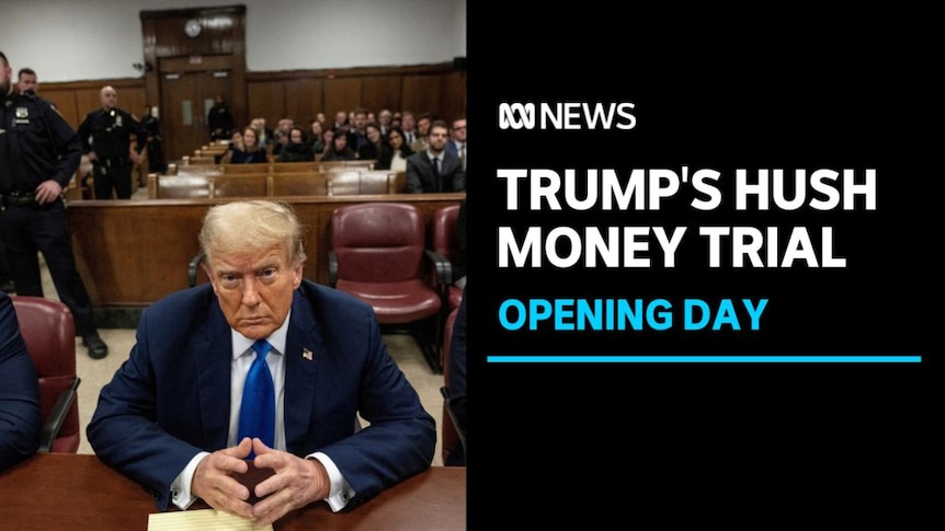 Trumo's Hush Money Trial, Opening Day: Donald Trump sits in a courtroom with a crowded gallery behind him.