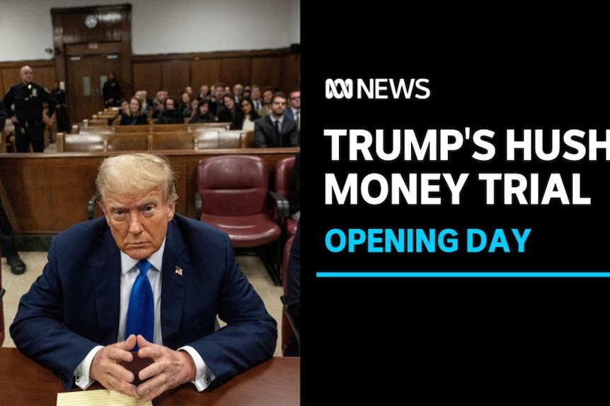 Trumo's Hush Money Trial, Opening Day: Donald Trump sits in a courtroom with a crowded gallery behind him.