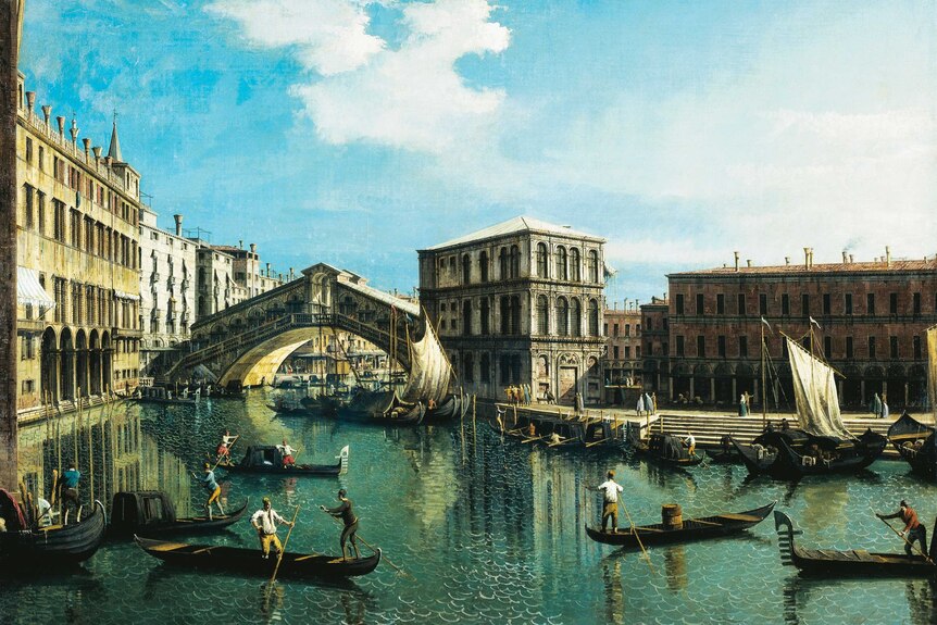 A historic painting shows the Rialto Bridge and the canals of Venice.