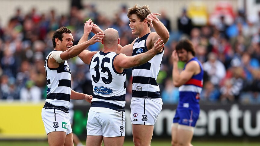 Geelong players celebrate another goal in their 34-point victory over the Western Bulldogs.
