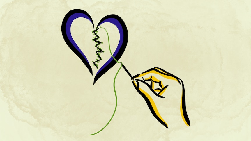 An illustration of a hand sewing two halves of a heart together
