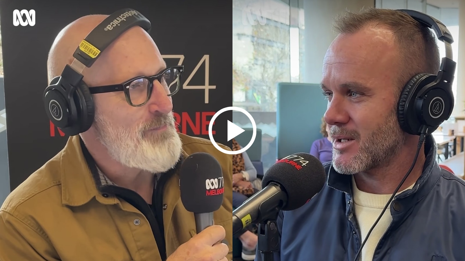 A split screen of 2 men talking into microphones