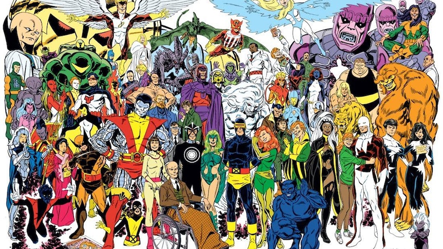 A drawing of dozens of superheroes