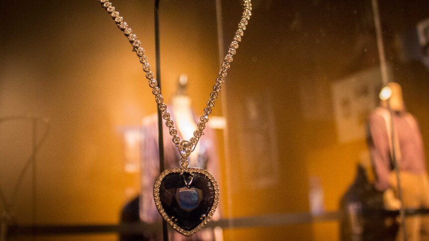 The necklace named the Heart of the Ocean which featured in the movie Titanic at the exhibition. December 11, 2015.jpg