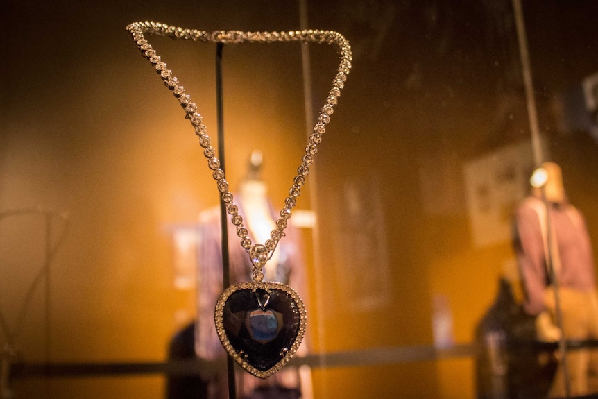 The necklace named the Heart of the Ocean which featured in the movie Titanic at the exhibition. December 11, 2015.jpg