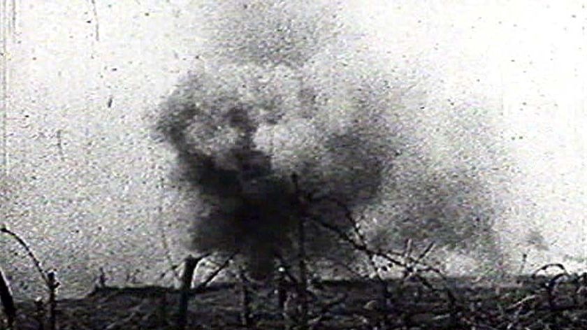 A shell explodes on the battlefield at Fromelles