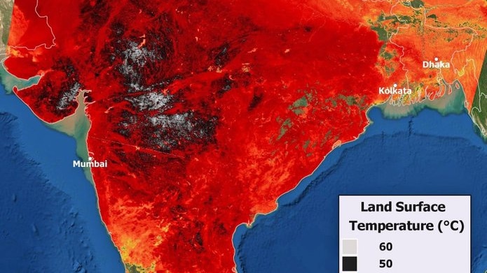 a land surface temperature map of India shows much of the country deep red with some areas black or grey