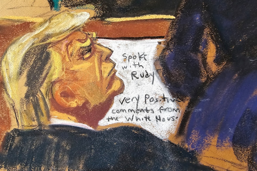 A sketch of Donald Trump in court