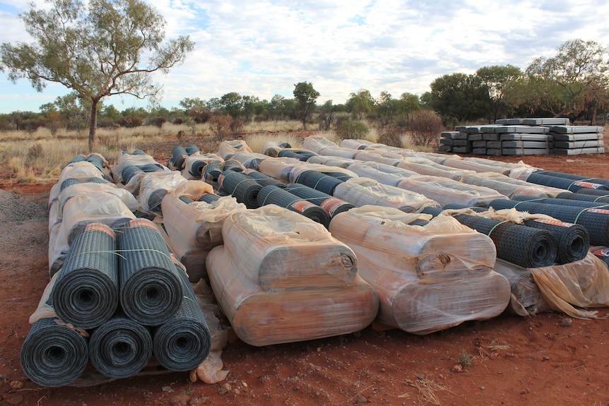 Fencing material for Newhaven's feral animal proof fence stockpiled on the ground