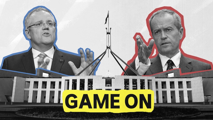 A black and white graphic with Scott Morrison and Bill Shorten superimposed on top of Parliament House and the words 'Game On'.