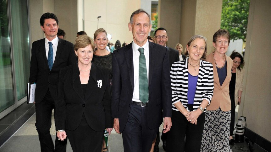 Greens senators, including Bob Brown and Christine Milne, walk together at Parliament House, Canberra