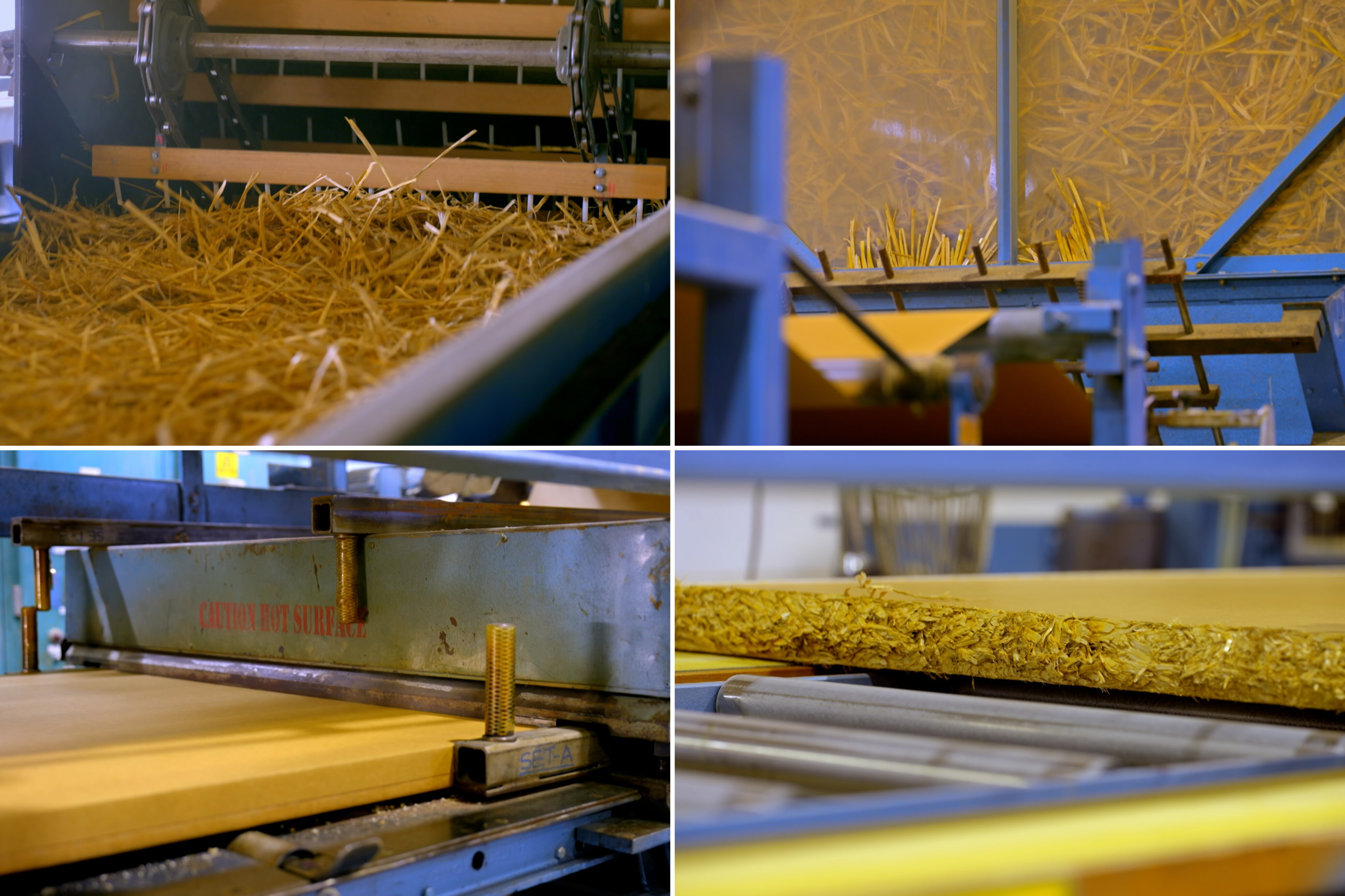 A composite of four images showing how the straw is processed from raw material to a compressed panel