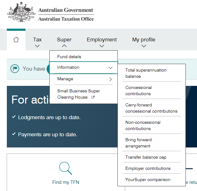 Computer screenshot of where to find the super comparison tool on the online ATO portal: Super > Info > YourSuper Comparison.