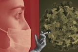 Woman wearing protective face mask looks ahead next to picture of virus and vaccine injection.