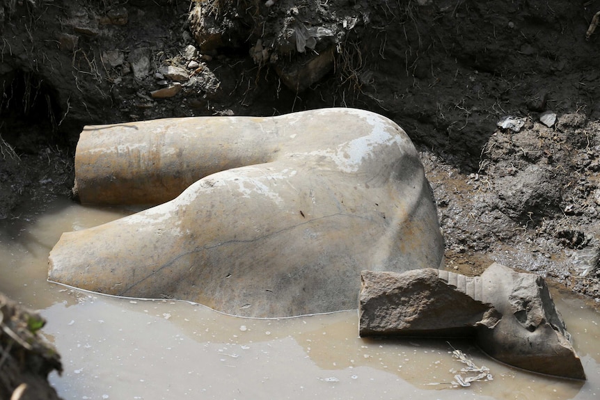 The bust of a bust submerged in dirt and water