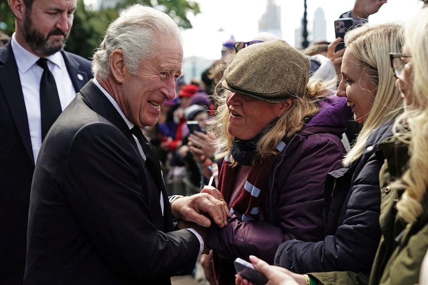 charles shakes the hand of a woman behind a security fence