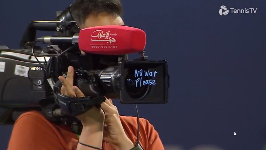 "No war please", written by Russian tennis player Andrey Rublev on a camera at a tennis tournament in Dubai.