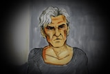 A court sketch of a man with white hair wearing a grey top.