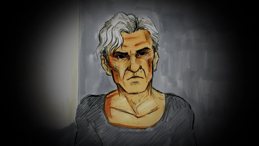 A court sketch of a man with white hair wearing a grey top.