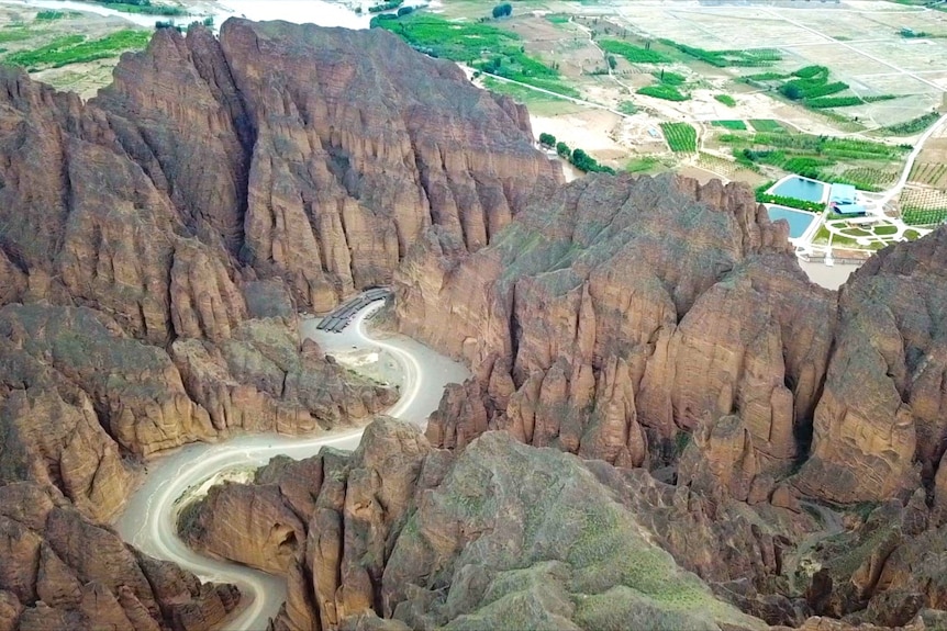 Aerial photo shows the scenery of Yellow River Stone Forest Scenic Spot at Jingtai County in Baiyin City, China 