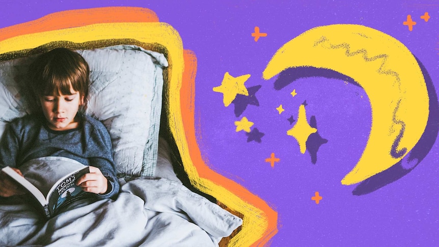 A boy in bed reading a book with illustrated stars and moon around him for a story about how to help children with autism sleep.