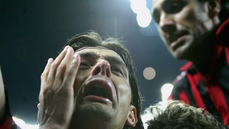 Filippo Inzaghi of AC Milan celebrates scoring Champs League quarter final v Lyon