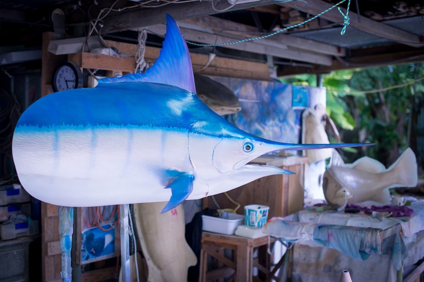 A fibreglass model of the head and fore-body of a blue marlin.