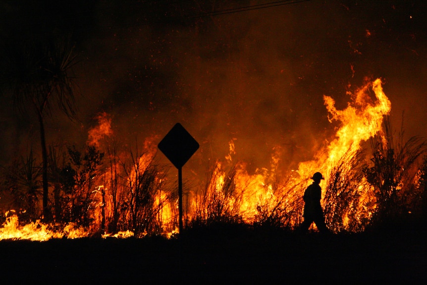 A bushfire burning at night as the silhouette of a firefighter walks close by. 