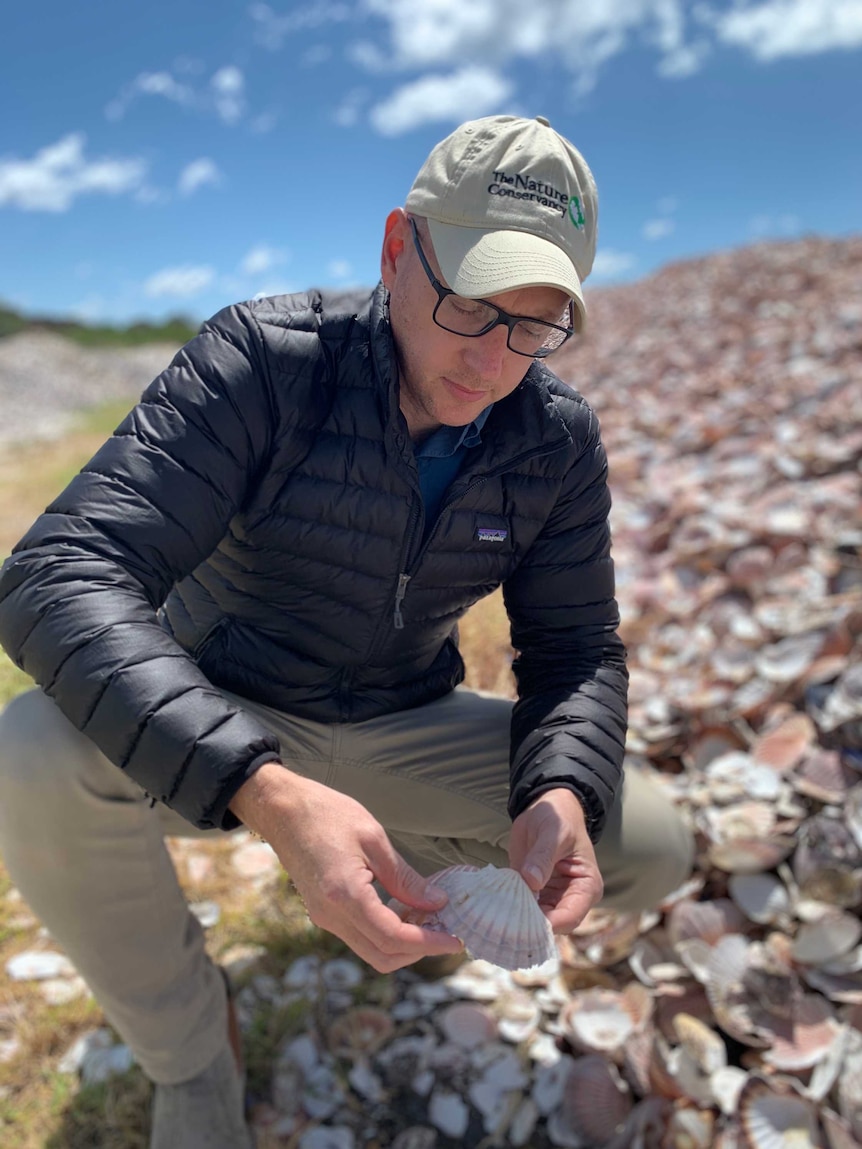 Rich Gilmore squatting down and examining a shell in his hands.