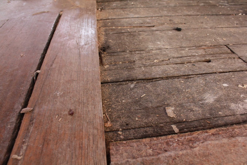 The two layers of floorboards inside the Salamanca Arts Centre