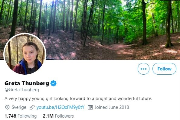 Greta Thunberg's twitter bio, updated to read "A very happy young girl looking forward to a bright and wonderful future".